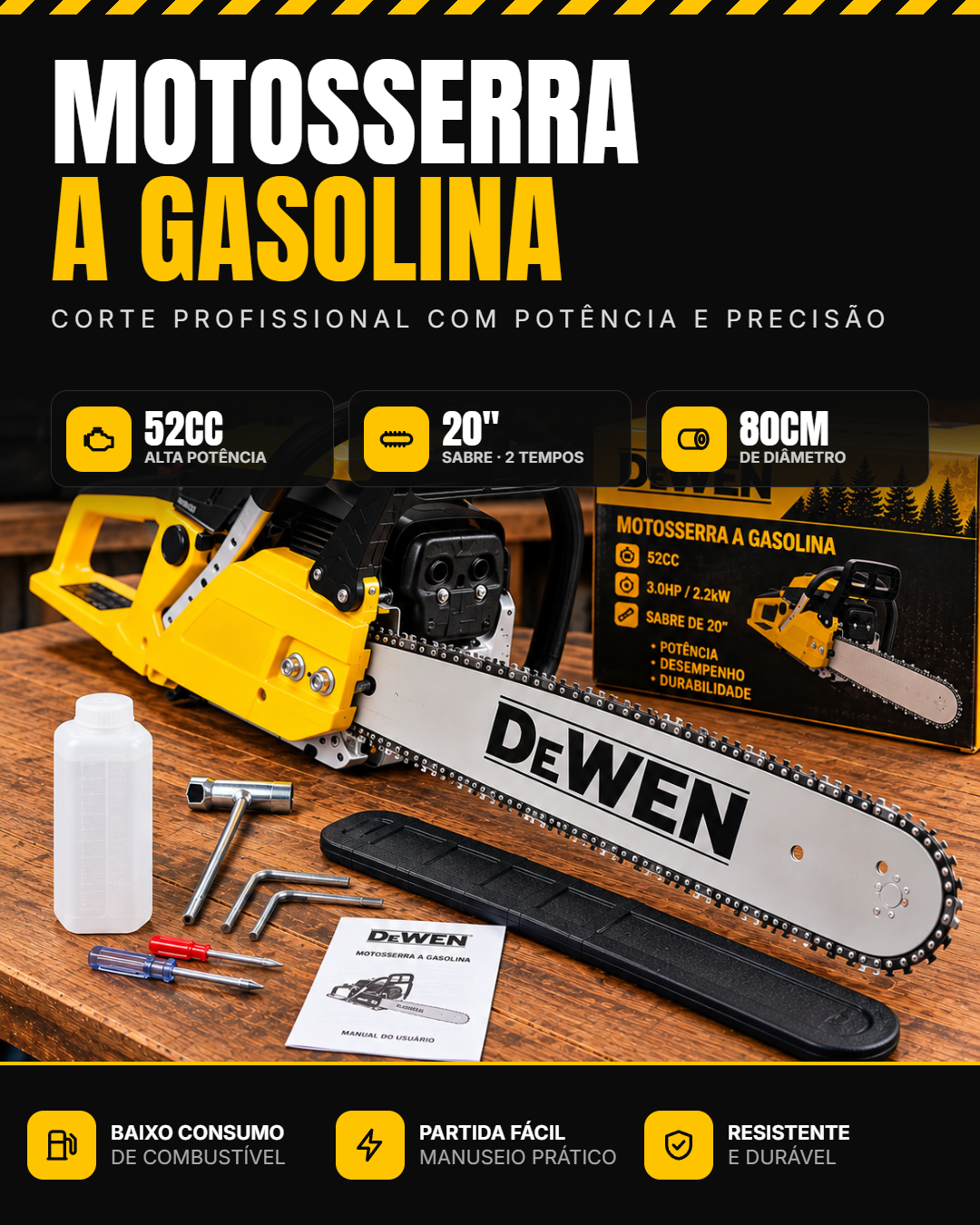 Motosserra a gasolina: 52CC de alta potência, sabre de 20 polegadas, corta árvores de até 80cm; baixo consumo, partida fácil, resistente